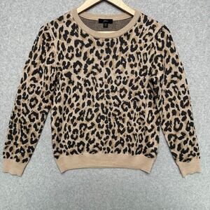 J.Crew Tippi Sweater Womens XS Leopard Print 100% Merino Wool Crewneck Tan Black